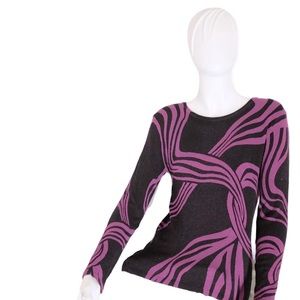 Plum and black geometric ribbon prints all over soft rayon sweater size S